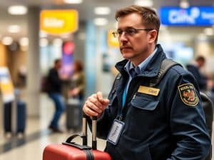 Une femme pose un cadenas sur sa valise