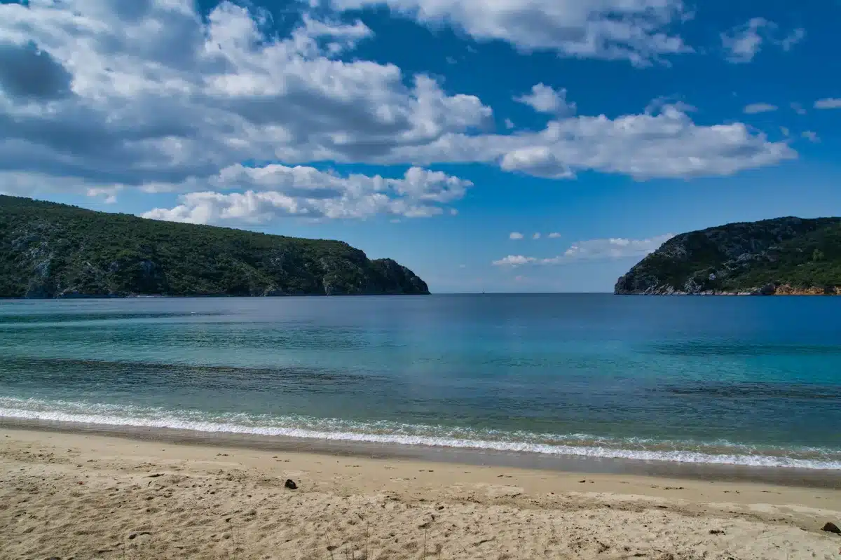 Plage aux eaux turquoises avec sable blanc et végétation côtière