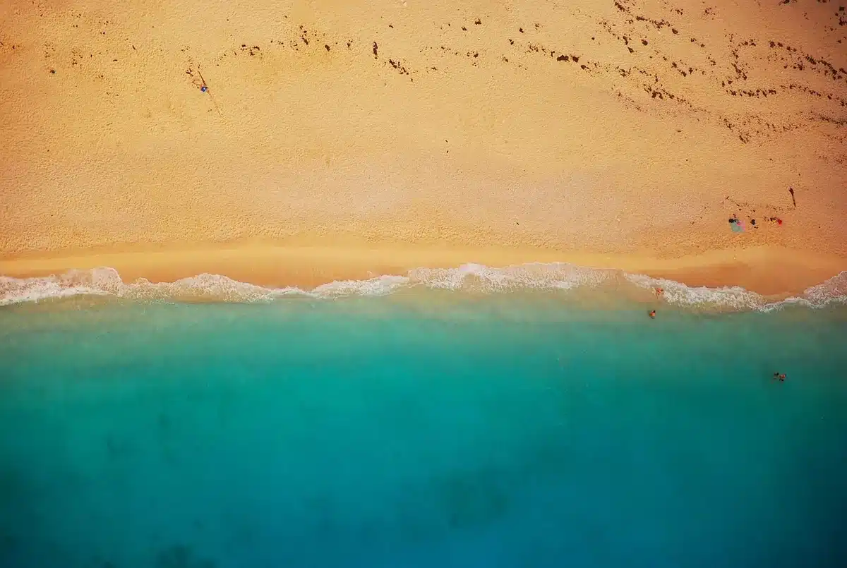 Famille anonyme sur une plage tropicale avec sacs à dos et appareils photo